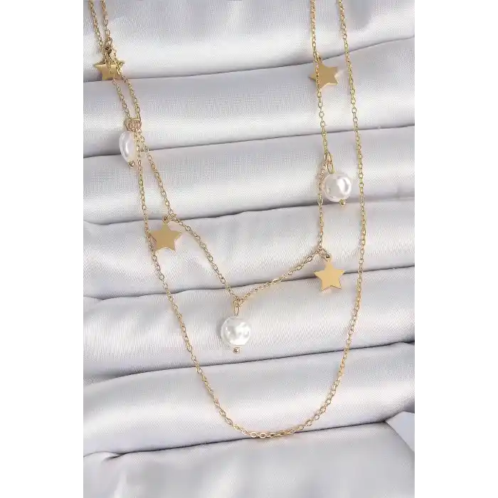 316L Çelik Gold Renk 2Li Zincir Sallantı Yıldız İnci Model Kadın Kolye
