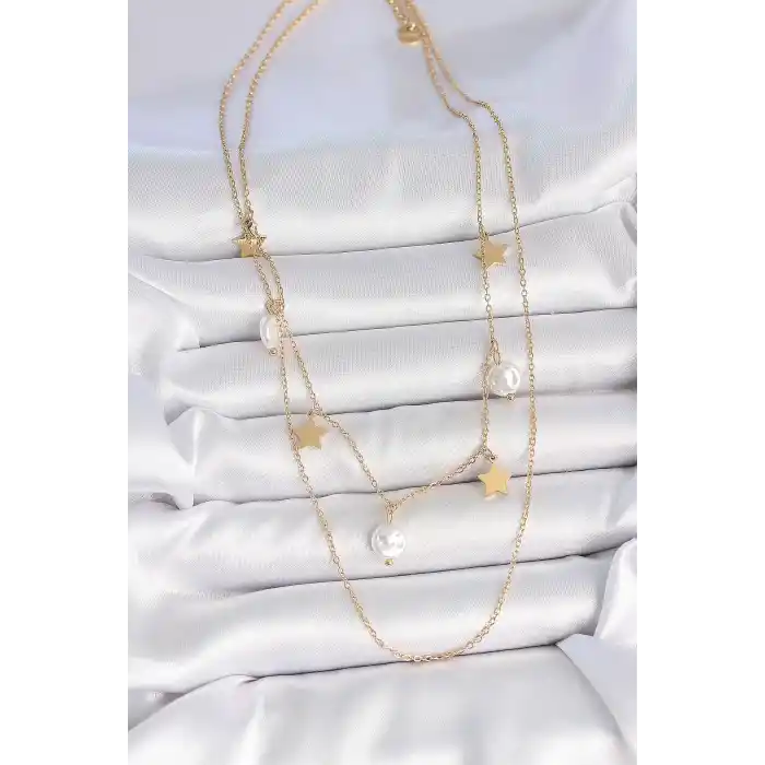 316L Çelik Gold Renk 2Li Zincir Sallantı Yıldız İnci Model Kadın Kolye