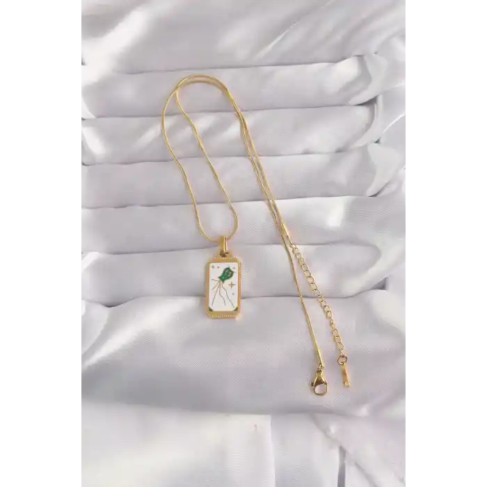 316L Çelik Gold Renk Beyaz Mineli Tarot Kolye
