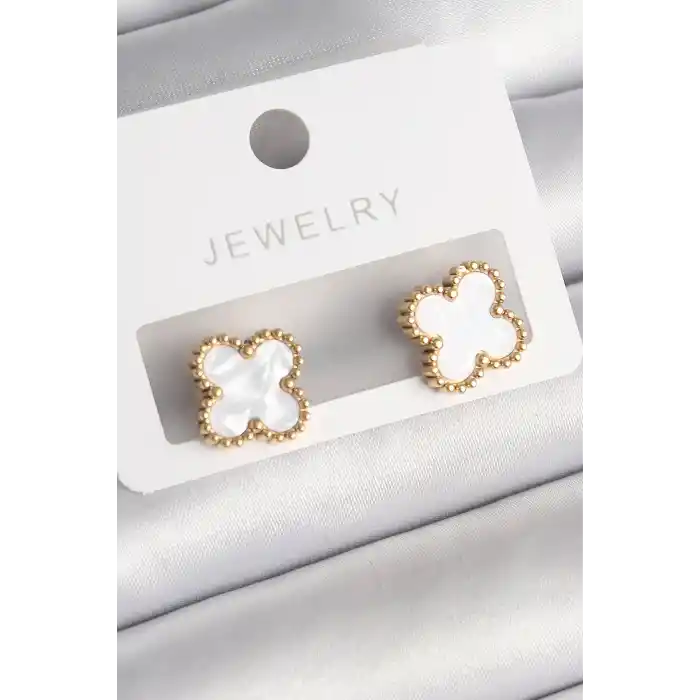 316L Çelik Gold Renk Beyaz Minelik Yonca Model Kadın Küpe