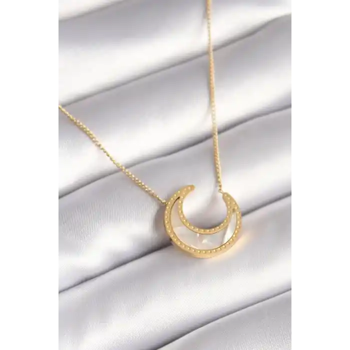 316L Çelik Gold Renk Beyaz Sedefli Hilal Model Kadın Kolye