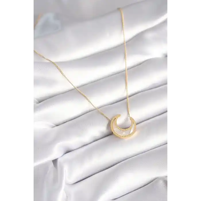 316L Çelik Gold Renk Beyaz Sedefli Hilal Model Kadın Kolye