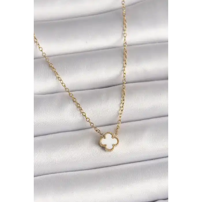 316L Çelik Gold Renk Beyaz Yonca Model Kadın Kolye