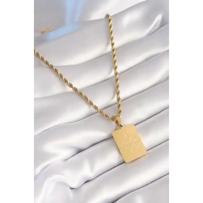 316L Çelik Gold Renk Burgu Zincir Kutup Yıldızı İşleme Plaka Figür Kadın Kolye