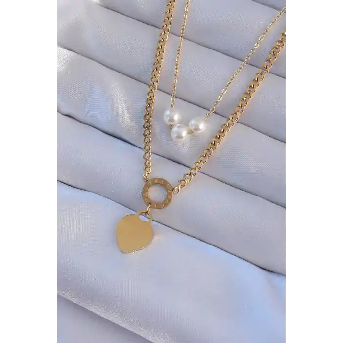316L Çelik Gold Renk Çift Zincir İnci Detayı Love Kalp Kolye