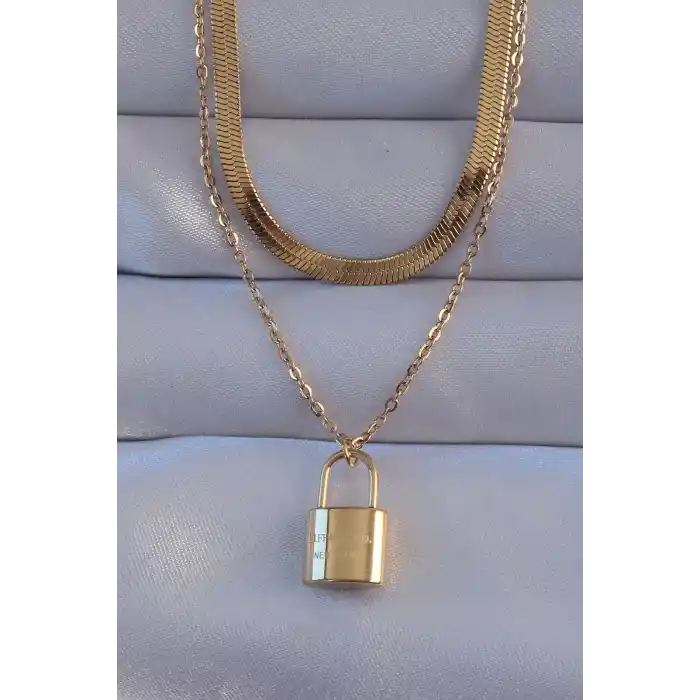 316L Çelik Gold Renk Çift Zincir Kilit Model Kolye