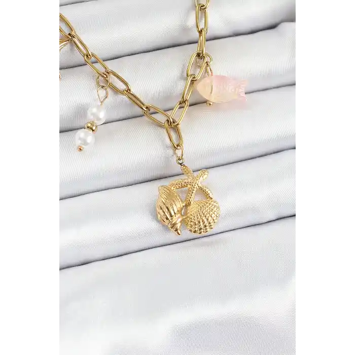 316L Çelik Gold Renk Deniz Yıldızı ve Deniz Kabuğu Konsept Kadın Kolye