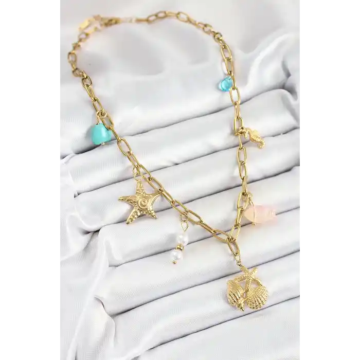 316L Çelik Gold Renk Deniz Yıldızı ve Deniz Kabuğu Konsept Kadın Kolye