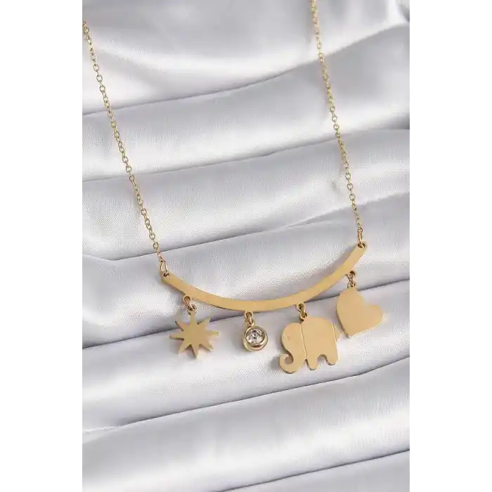 316L Çelik Gold Renk Fil Figür Zirkon Taş Detay Kadın Kolye