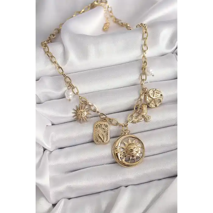 316L Çelik Gold Renk Halka Zincir Sallantı Ay Güneş Figür Kuş Detay Kadın Kolye