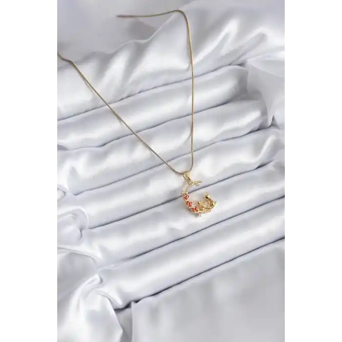 316L Çelik Gold Renk Hilal Kedi Model Zirkon Taşlı Detay Kadın Kolye