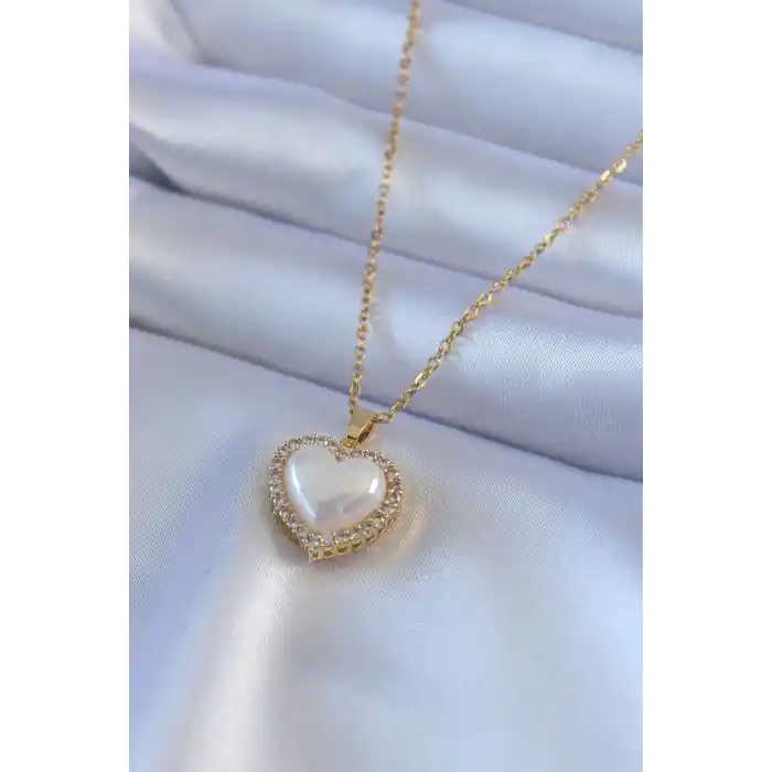 316L Çelik Gold Renk İncili Kalp Model Zirkon Taşlı Kadın Kolye