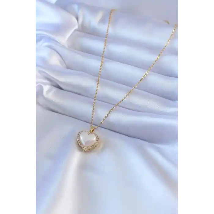 316L Çelik Gold Renk İncili Kalp Model Zirkon Taşlı Kadın Kolye