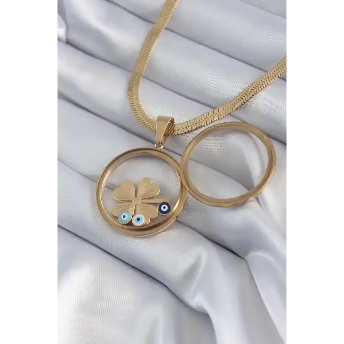 316L Çelik Gold Renk İtalyan Zincir Açılabilir Fanus Yonca Figür Model Kadın Kolye