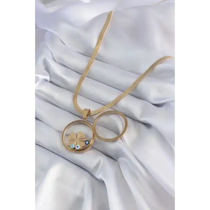 316L Çelik Gold Renk İtalyan Zincir Açılabilir Fanus Yonca Figür Model Kadın Kolye