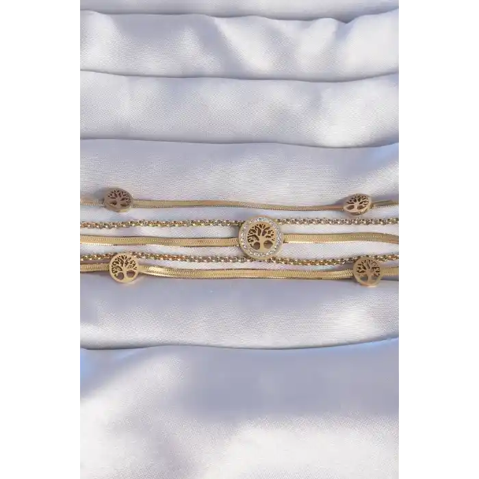 316L Çelik Gold Renk İtalyan Zincir Detaylı Zirkon Taşlı Yaşam Ağacı Tasarımlı Çoklu Bileklik