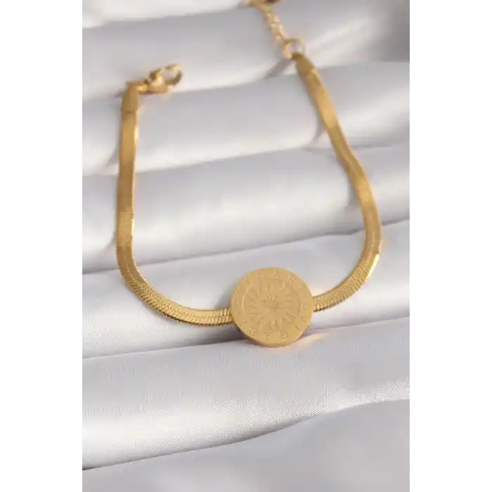 316L Çelik Gold Renk İtalyan Zincir Model İşlemeli Madalyon Figür Kadın Bileklik