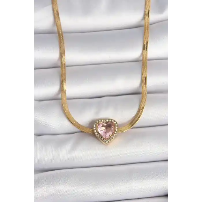316L Çelik Gold Renk İtalyan Zincir Pembe Zirkon Taşlı Kalp Model Kadın Kolye