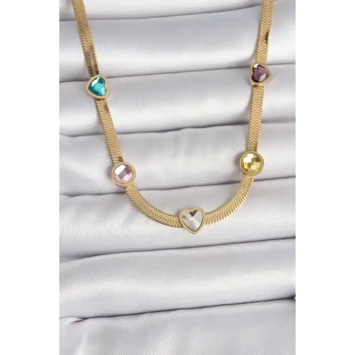 316L Çelik Gold Renk İtalyan Zincir Renkli Zirkon Taşlı Kalp Figür Kadın Kolye