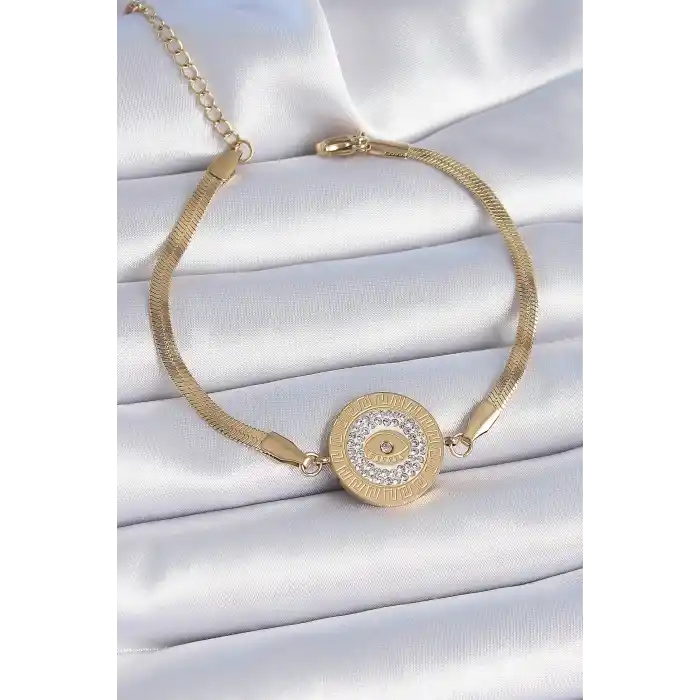 316L Çelik Gold Renk İtalyan Zincir Zirkon Taşlı Göz İşlemeli Madalyon Model Kadın Bileklik