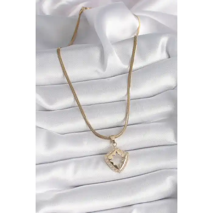 316L Çelik Gold Renk İtalyan Zincir Zirkon Taşlı Kutup Yıldız İşleme Kadın Kolye