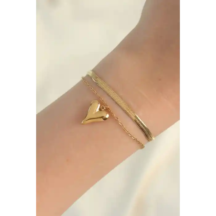 316L Çelik Gold Renk İtalyan Zincirli Kalp Model Bileklik