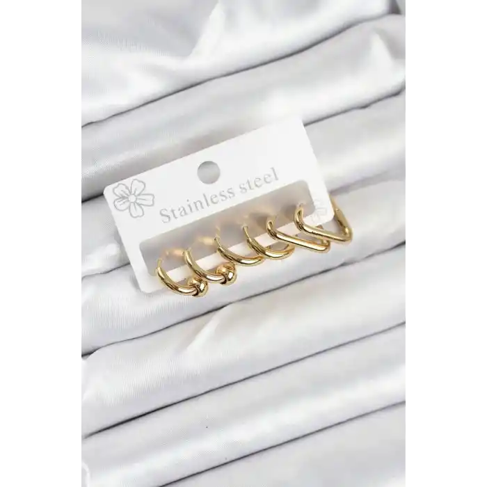 316L Çelik Gold Renk Kadın Küpe Seti