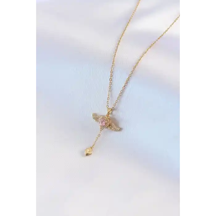 316L Çelik Gold Renk Kanatlı Kalp Model Zirkon Taş Detay Kadın Kolye