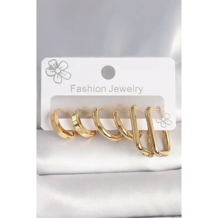 316L Çelik Gold Renk Kare Halka Model Kadın Küpe Seti