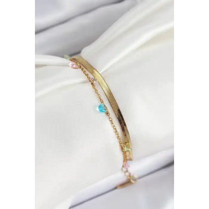 316L Çelik Gold Renk Karışık Renkli Kristal Taşlı 2li Kadın Bileklik