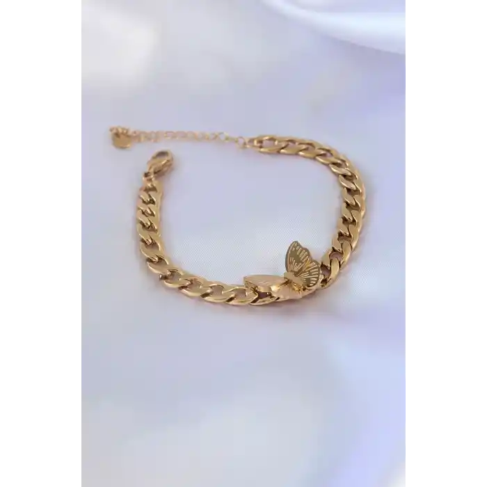 316L Çelik Gold Renk Kelebek Figür İşleme Detay Zincir Model Kadın Bileklik