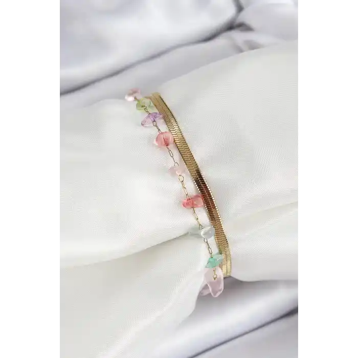 316L Çelik Gold Renk Kristal Karışık Renkli Taşlı Kadın Bileklik