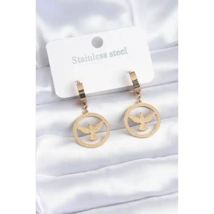 316L Çelik Gold Renk Kuş Model İşleme Detay Kadın Küpe