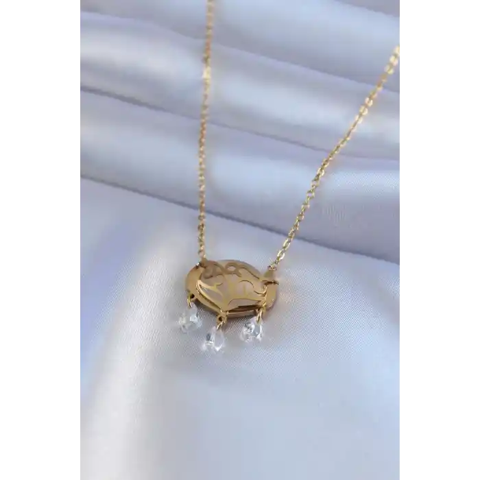 316L Çelik Gold Renk Lotus Model Zirkon Taşlı Kadın Kolye