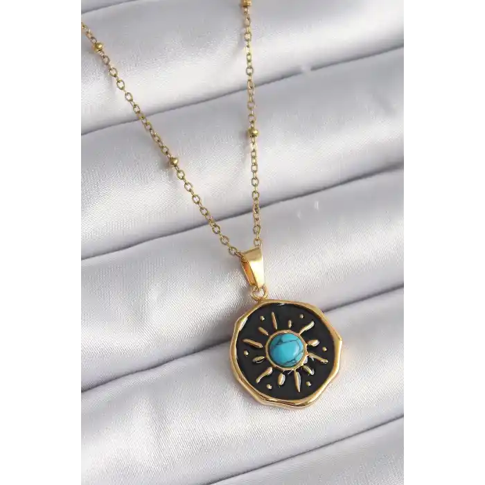 316L Çelik Gold Renk Mavi Boncuk Güneş İşleme Madalyon Model Kadın Kolye