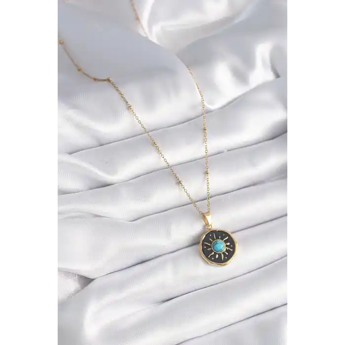 316L Çelik Gold Renk Mavi Boncuk Güneş İşleme Madalyon Model Kadın Kolye