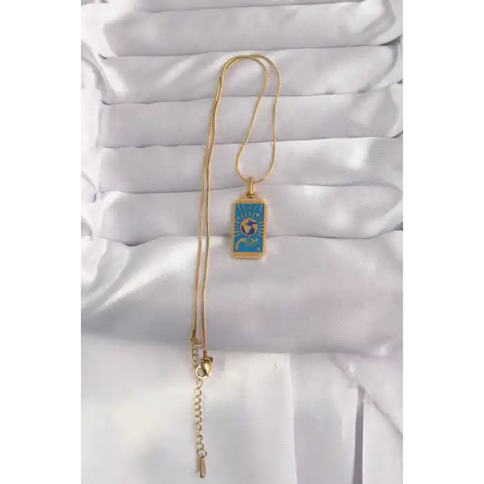 316L Çelik Gold Renk Mavi Mineli El Figür Tarot Kolye