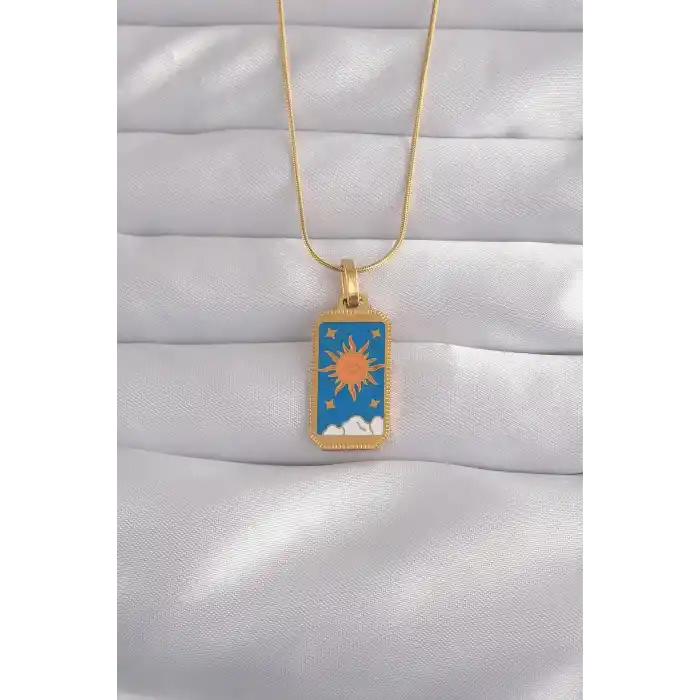 316L Çelik Gold Renk Mavi Mineli Güneş Model Tarot Kolye