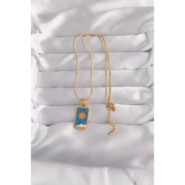 316L Çelik Gold Renk Mavi Mineli Güneş Model Tarot Kolye