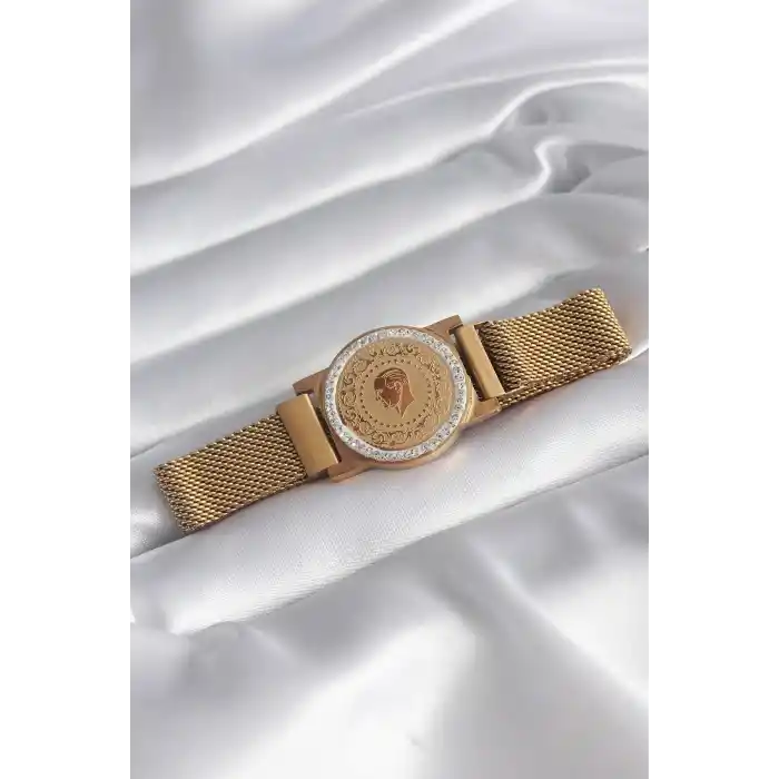 316L Çelik Gold Renk Mıknatıslı Hasır Zirkon Taşlı Çeyrek Altın Model Kadın Bileklik