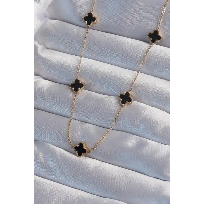316L Çelik Gold Renk Minimal Siyah Mineli Yonca Kolye