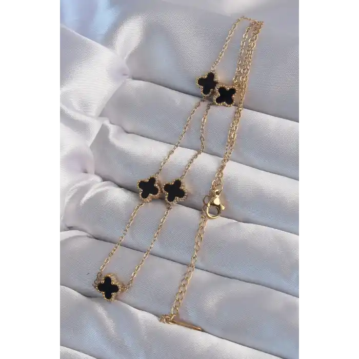 316L Çelik Gold Renk Minimal Siyah Mineli Yonca Kolye