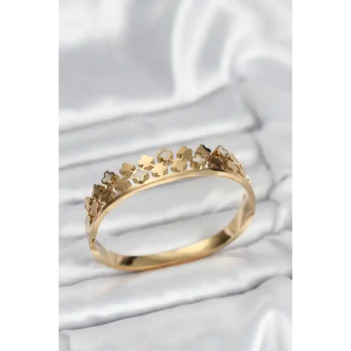 316L Çelik Gold Renk Minimal Yoncalı Kadın Kelepçe Bileklik