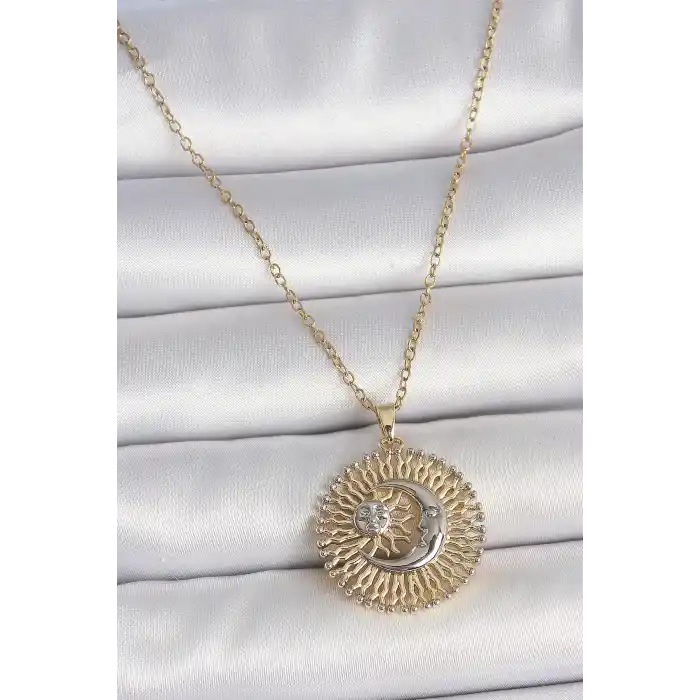 316L Çelik Gold Renk Mix Renk Ay Güneş Model Kadın Kolye
