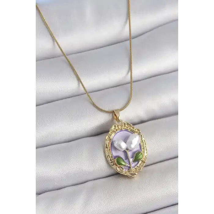 316L Çelik Gold Renk Mor İncili Çiçek İşlemeli Portre Model Kadın Kolye