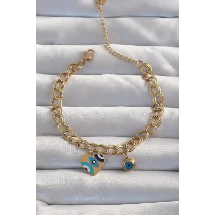 316L Çelik Gold Renk Nazarlı Kalp Model Zincir Bileklik