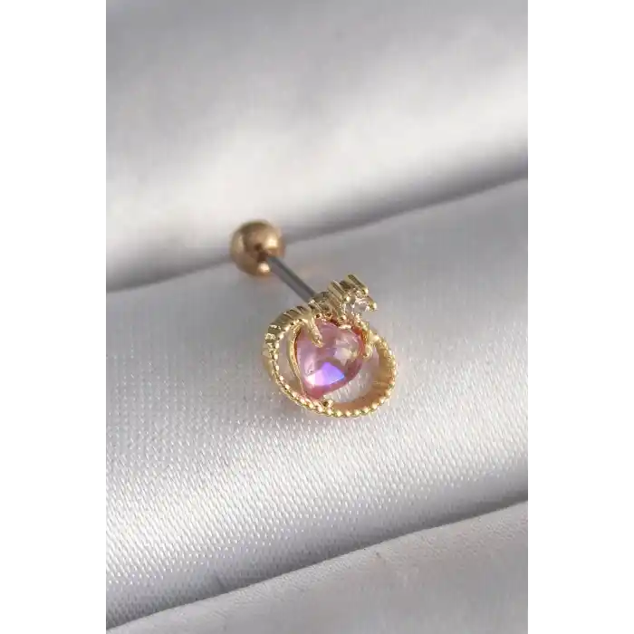 316L Çelik Gold Renk Pembe Mineli Kalp Zirkon Taş Detay Tragus Piercing
