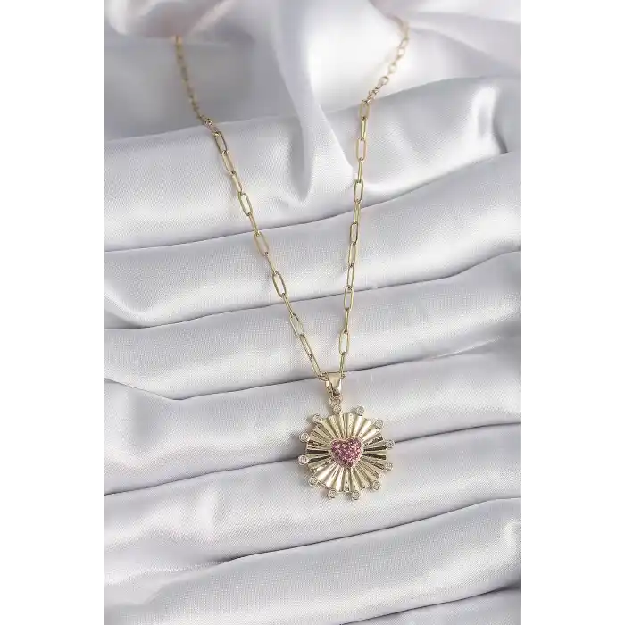 316L Çelik Gold Renk Pembe Zirkon Taşlı Kalp İşleme Madalyon Model Kadın Kolye