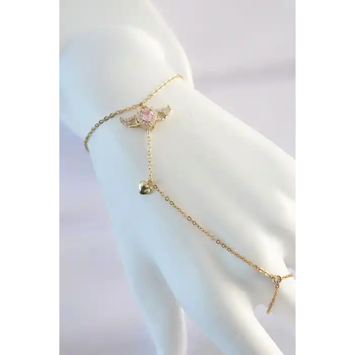 316L Çelik Gold Renk Pembe Zirkon Taşlı Kanatlı Kalp Model Şahmeran