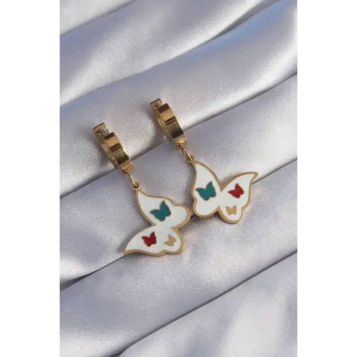 316L Çelik Gold Renk Renkli Mineli Kelebek Küpe